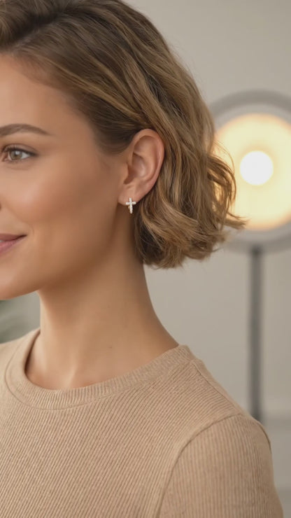 LARA White CZ Diamond Mini Cross Hoop Earrings 18K Gold Over Sterling Silver