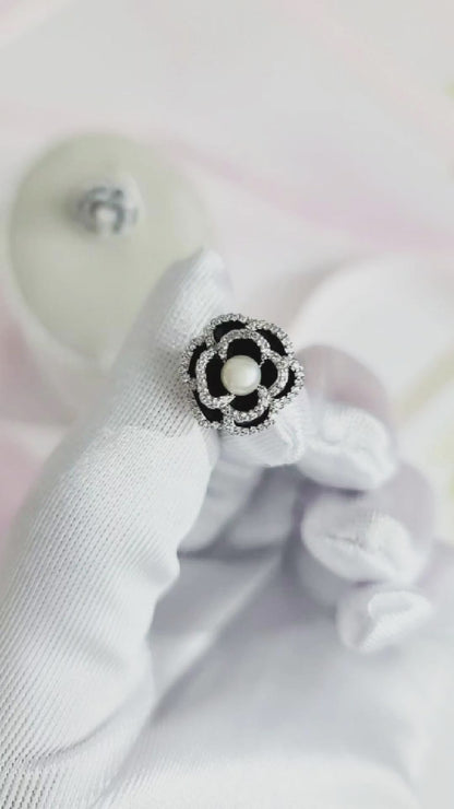 LILIAN Pearl Crystal Flower Earrings in Rhodium Over Sterling Silver