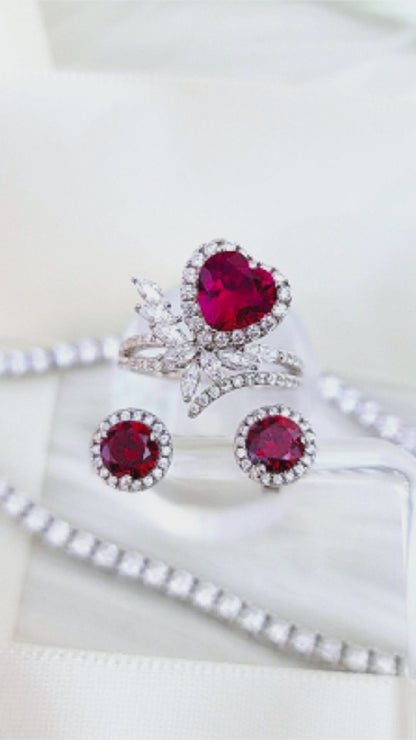 RUBEE Ruby Cluster Heart Ring • Rhodium Over Sterling Silver • CZ Diamond Simulant