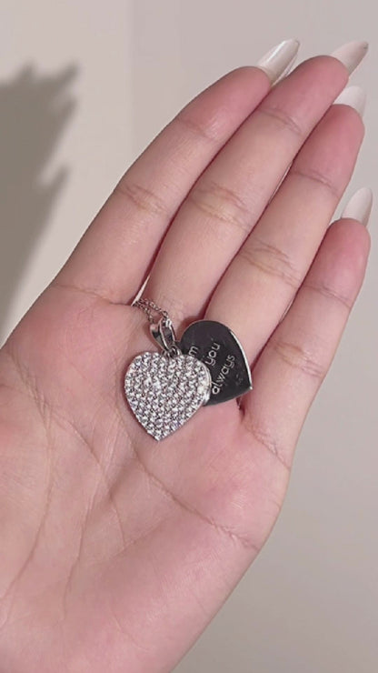 ANGELIQUE "I Am With You Always" Pave White CZ Diamond Simulant Double Heart Pendant Necklace