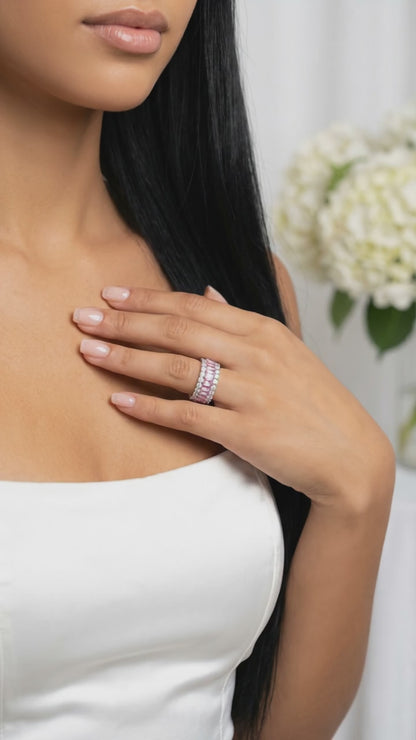 KATHERINE Pink And White CZ Diamond Three-Row Eternity Ring in Rhodium Over Sterling Silver