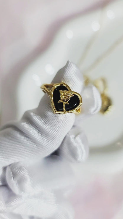 ROSE Black Onyx Heart Earrings, Necklace, Ring Set in 18K Gold Over Sterling Silver