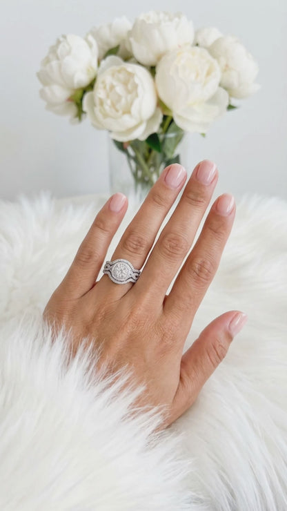 BETTY White CZ Diamond Halo Round Bridal Ring Set in Rhodium Over Sterling Silver