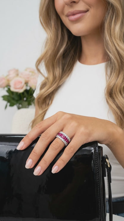 KATHERINE Fuchsia And White CZ Diamond Three-Row Eternity Ring in Rhodium Over Sterling Silver