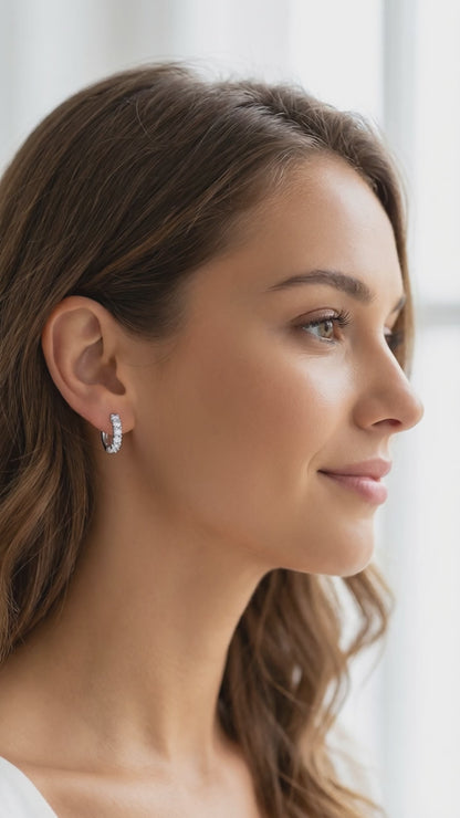 CAROLYNE 16MM White CZ Diamond Huggie Hoop Earrings in Rhodium Over Sterling Silver