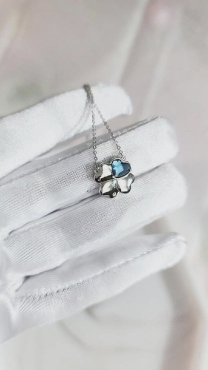 VANESSA Austrian Blue Crystal Heart Clover Pendant Necklace in Rhodium Over Sterling Silver