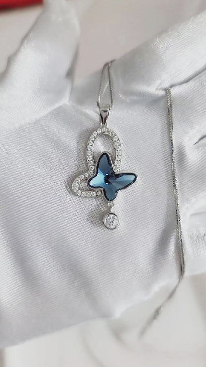 SYLVIE Austrian Crystal Butterfly Pendant Necklace in Rhodium Over Sterling Silver