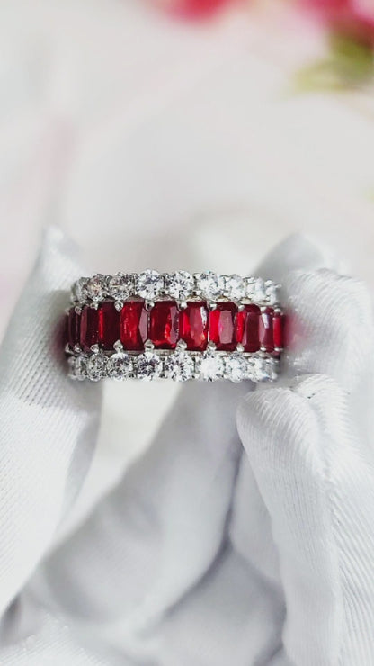 KATHERINE Red And White CZ Diamond Three-Row Eternity Ring in Rhodium Over Sterling Silver