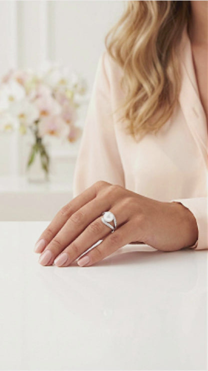EDEN Pearl And White CZ Diamond Ring in Rhodium Over Sterling Silver