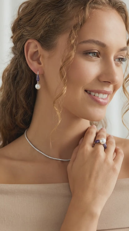 GAYLE White Pearl and Purple Stone Earrings, Ring Set in Rhodium Over Sterling Silver