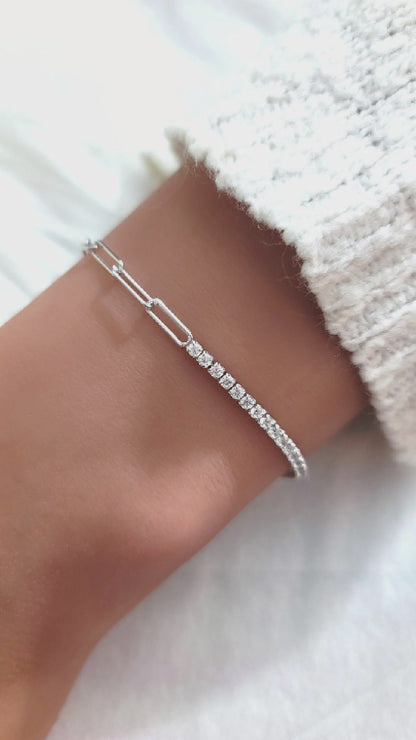SHANNON 3MM White CZ Diamond Simulant Tennis Paperclip Bracelet in Rhodium Over Sterling Silver