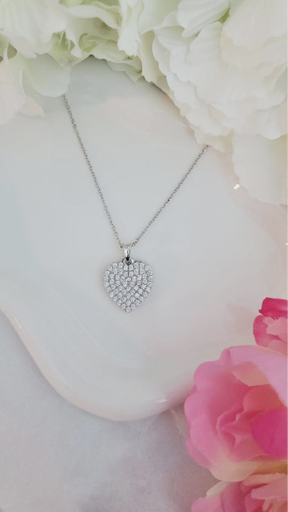 ANGELIQUE "I Am With You Always" Pave White CZ Diamond Simulant Double Heart Pendant Necklace