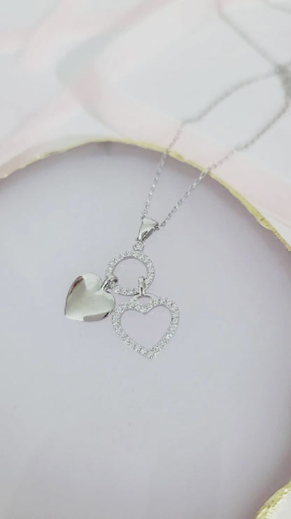 EVA Double Heart White CZ Diamond Pendant Necklace in Rhodium Over Sterling Silver