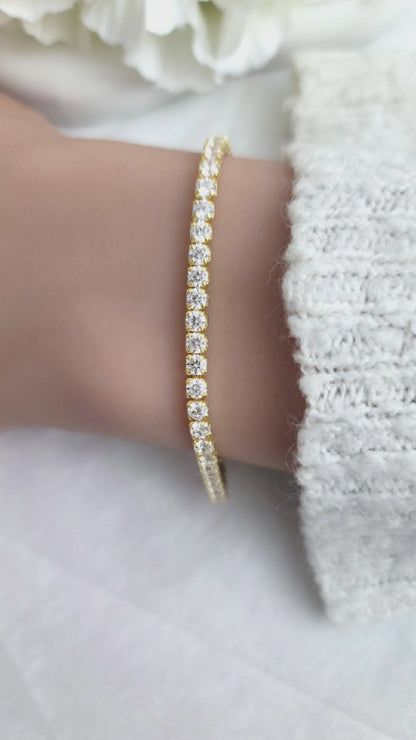 KATE 3MM White CZ Diamond Simulant Tennis Bracelet 18K Gold Over Sterling Silver