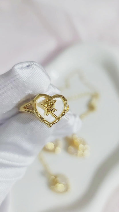 ROSE Mother-Of-Pearl Heart Earrings, Necklace, Ring Set in 18K Gold Over Sterling Silver