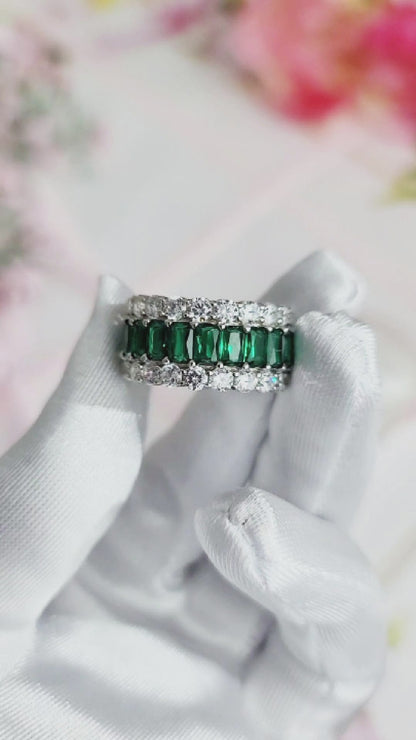 KATHERINE Green And White CZ Diamond Three-Row Eternity Ring in Rhodium Over Sterling Silver