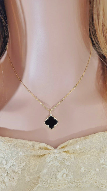 NICHOLE 2-pce Jewelry Set, Black Onyx Four Leaf Clover Earrings & Necklace 14K Gold Plated
