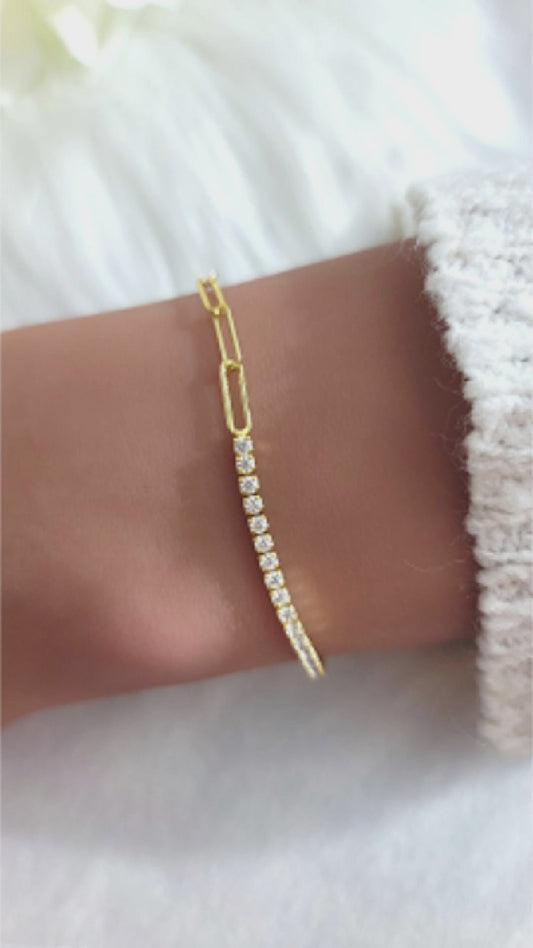 SHANNON 3MM White CZ Diamond Simulant Tennis Paperclip Bracelet 18K Gold Over Sterling Silver