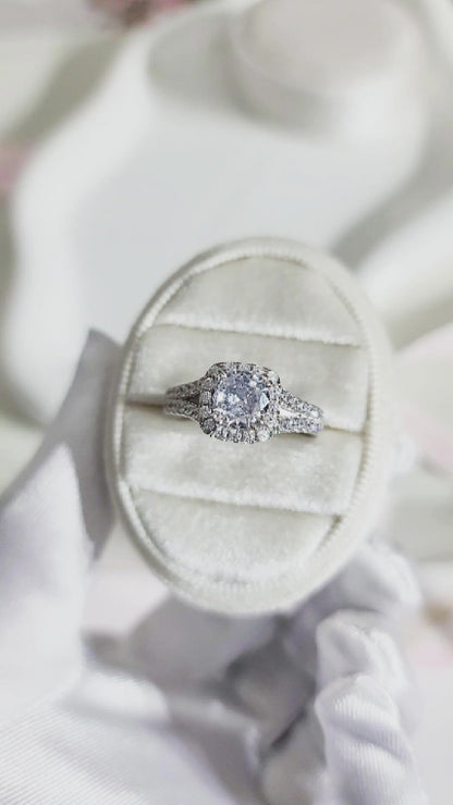 EMILY White CZ Diamond Halo Square Ring in Rhodium Over Sterling Silver