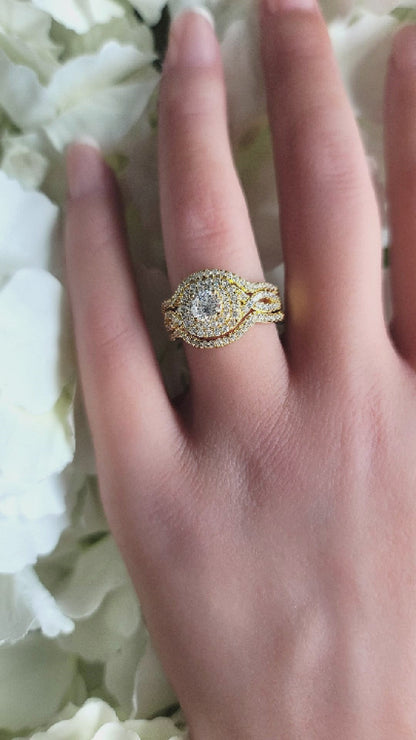 BETTY White CZ Diamond Simulant Halo Round Bridal Ring Set in 14K Gold Over Sterling Silver