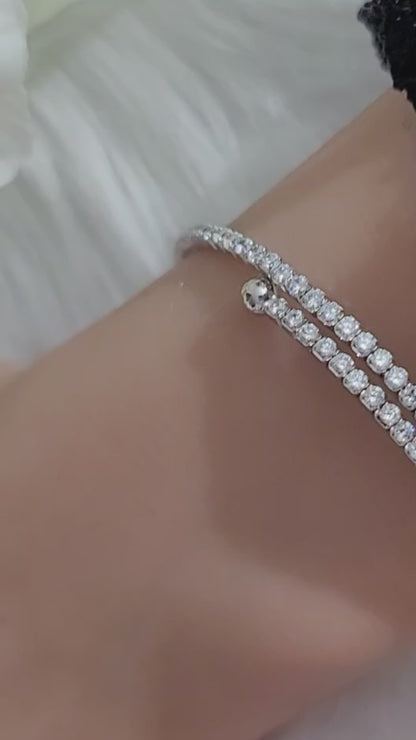 ELLA 2MM White CZ Diamond Simulant Bangle Tennis Bracelet in Rhodium Over Sterling Silver
