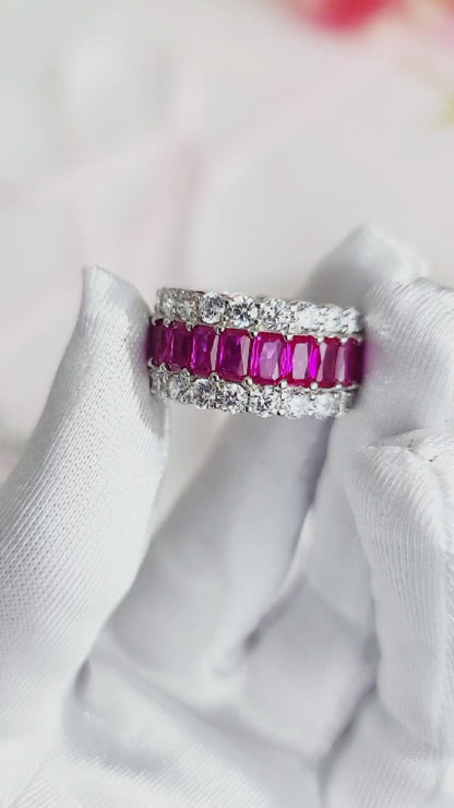 KATHERINE Fuchsia And White CZ Diamond Three-Row Eternity Ring in Rhodium Over Sterling Silver