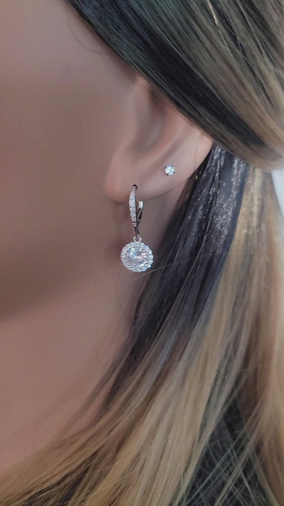 PRISCILLA White CZ Diamond Simulant Halo Round Drop Earrings in Rhodium Over Sterling Silver