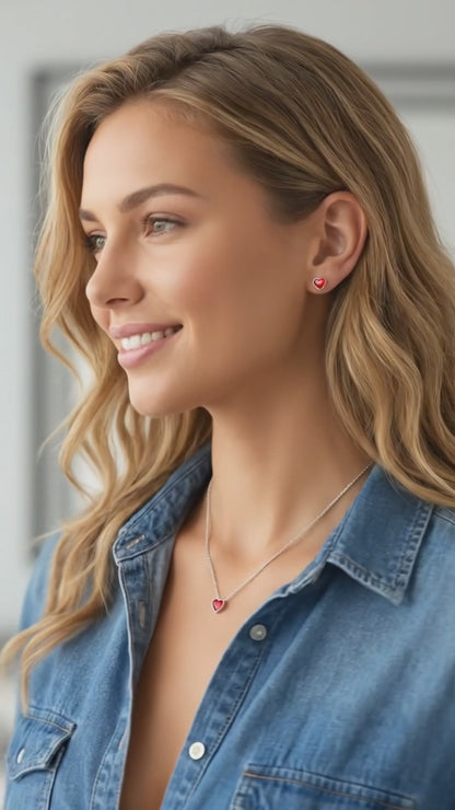 TIFFANY Austrian Red Crystal Heart Pendant Necklace in Rhodium Over Sterling Silver