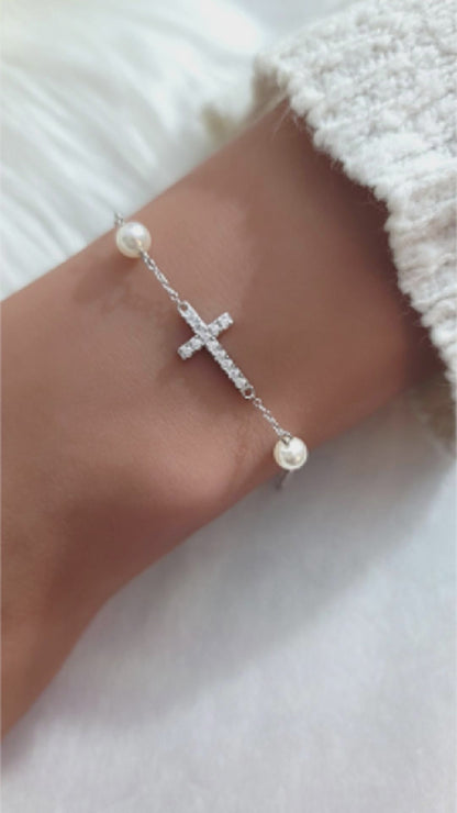 GABRIELLA Pave Cross Bracelet in Rhodium Over Sterling Silver