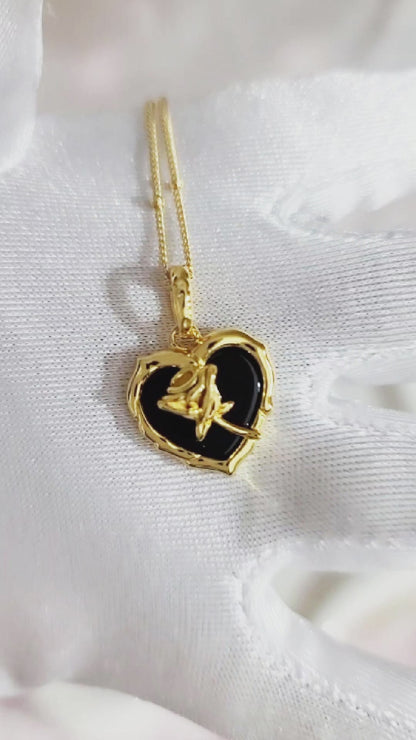 ROSE Black Onyx Heart Pendant Necklace 18K Gold Over Sterling Silver