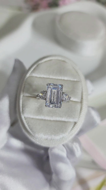 AMANDA White Emerald Cut CZ Diamond Ring in Rhodium Over Sterling Silver