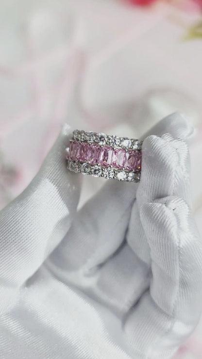 KATHERINE Pink And White CZ Diamond Three-Row Eternity Ring in Rhodium Over Sterling Silver
