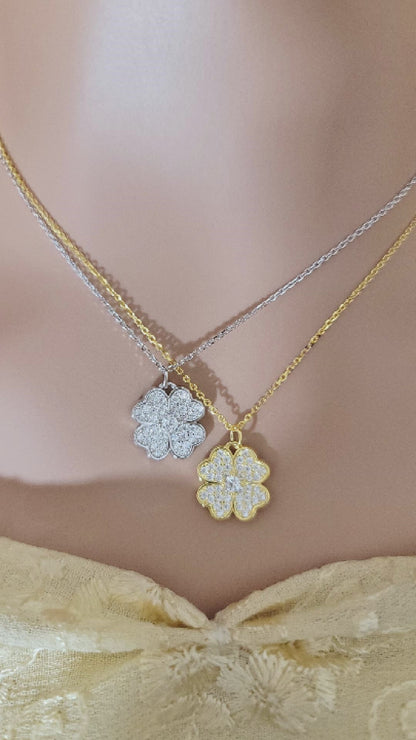 KARI Heart Shaped Four Leaf Clover Pendant Necklace in Sterling Silver