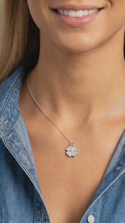 KARI Heart Shaped Four-Leaf Clover Pendant Necklace in Rhodium Over Sterling Silver