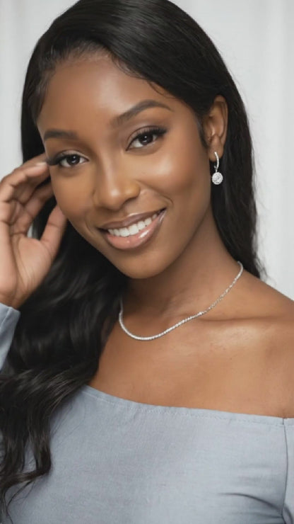 PRISCILLA White CZ Diamond Halo Round Drop Earrings in Rhodium Over Sterling Silver