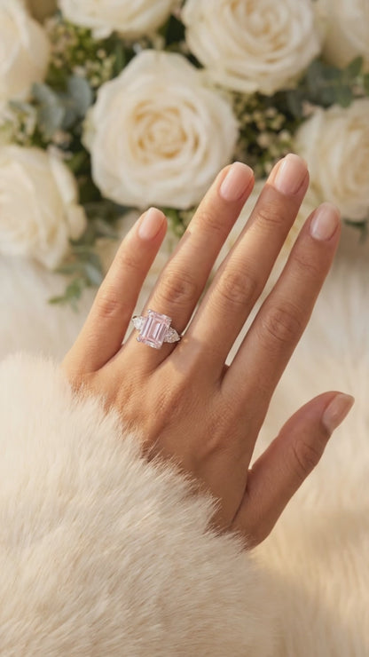 AMANDA Pink Emerald Cut White CZ Diamond Ring in Rhodium Over Sterling Silver