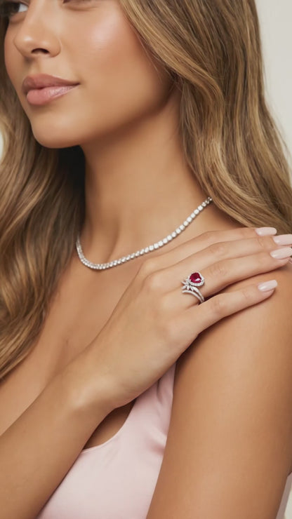 RUBEE Ruby Cluster Heart Ring • Rhodium Over Sterling Silver • CZ Diamond