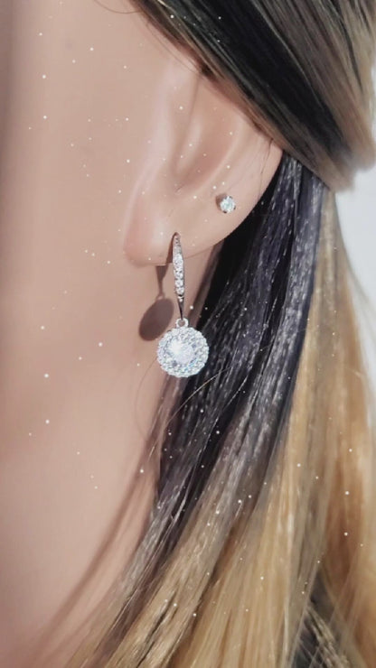 PRISCILLA White CZ Diamond Halo Round Drop Earrings in Rhodium Over Sterling Silver