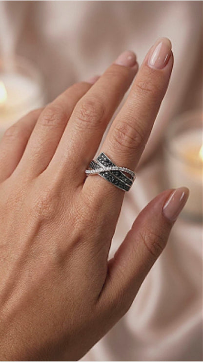 ADA Black Spinel and White CZ Diamond Crisscross Ring in Rhodium Over Sterling Silver