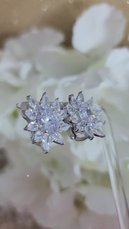 MILANIA Flower Cluster White CZ Diamond Simulant Earrings in Rhodium Over Sterling Silver