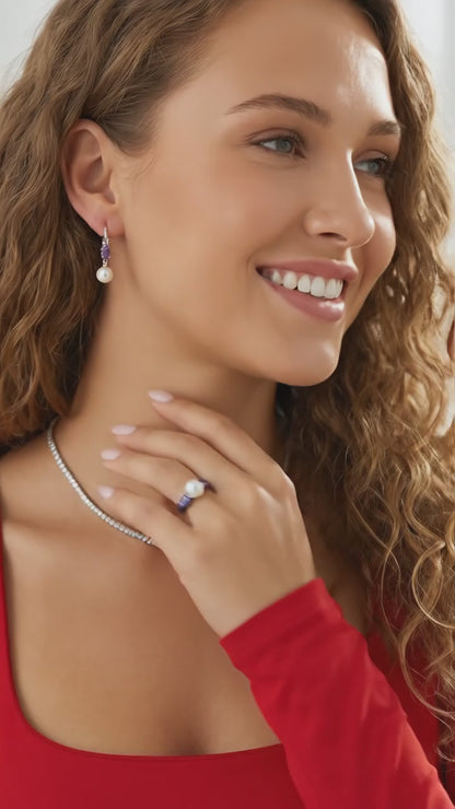 GAYLE White Pearl and Purple Stone Earrings, Ring Set in Rhodium Over Sterling Silver