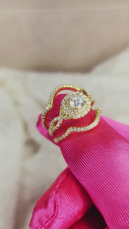 BETTY White CZ Diamond Halo Round Bridal Ring Set in 14K Gold Over Sterling Silver