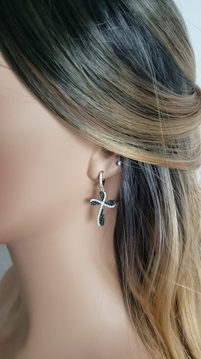 HOSANNA 2-Piece Jewelry Set, Black Stone Cross Earrings & Necklace