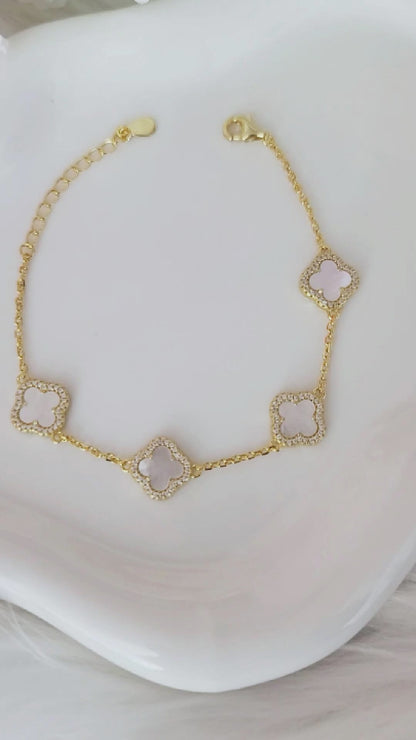 LAURA Four-Leaf Clover CZ Pearl Bracelet 18K Gold Over Sterling Silver
