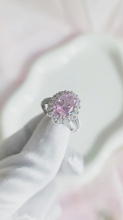 SARA Pink Oval and White CZ Diamond Halo Ring in Rhodium Over Sterling Silver