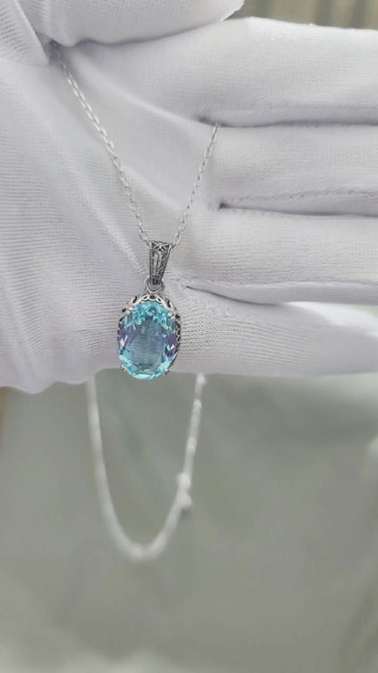 MOLLY Aquamarine Pendant Necklace in Rhodium Over Sterling Silver