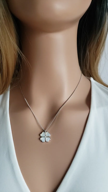 BEATRICE Opal Heart Four Leaf Clover Necklace Pendant in Sterling Silver