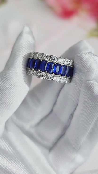 KATHERINE Blue And White CZ Diamond Three-Row Eternity Ring in Rhodium Over Sterling Silver