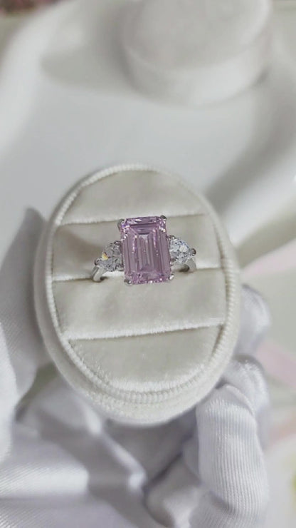 AMANDA Pink Emerald Cut White CZ Diamond Ring in Rhodium Over Sterling Silver