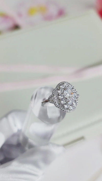 FRANCE Vintage White CZ Diamond Oval Halo Cluster Ring in Rhodium Over Sterling Silver